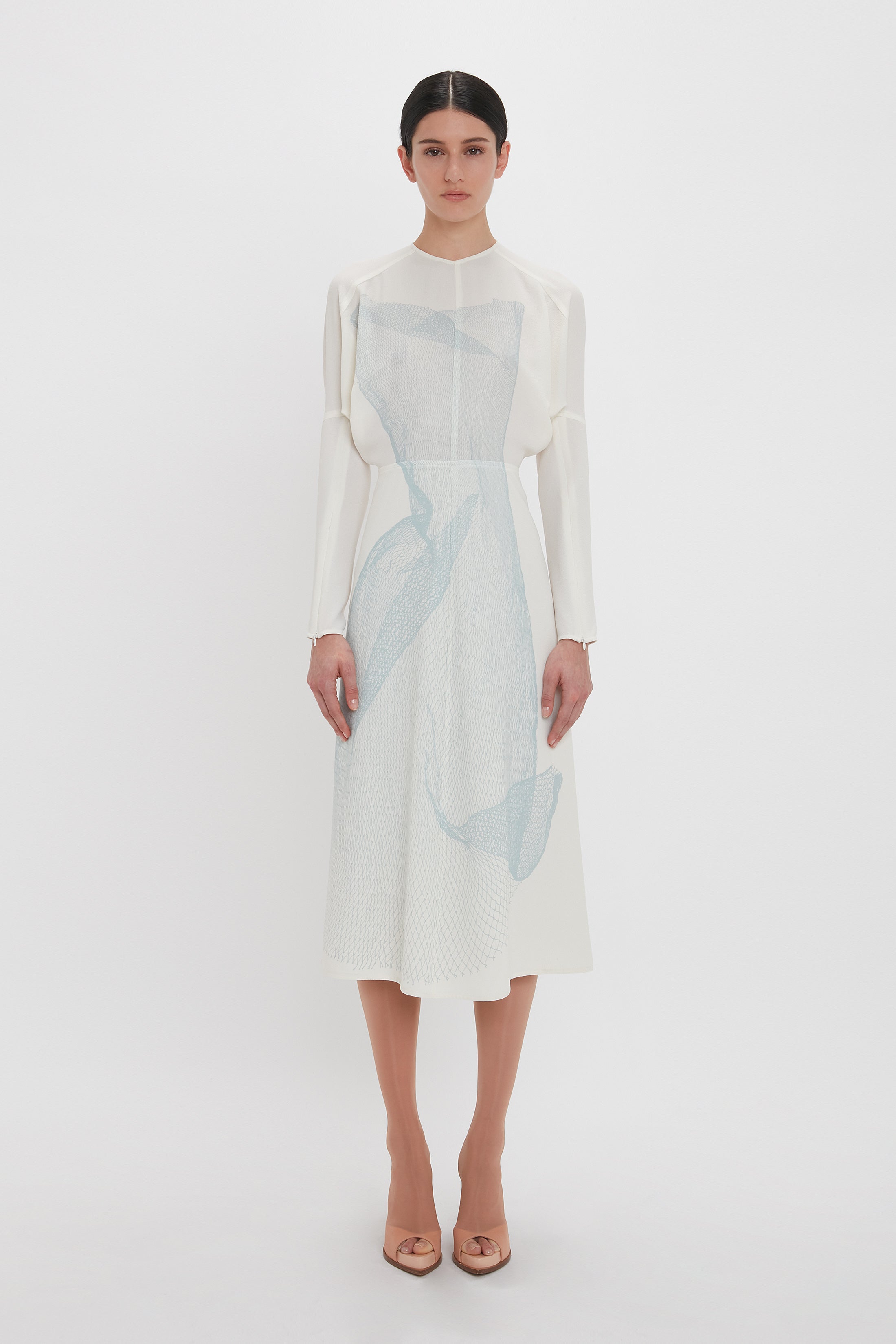 Long Sleeve Dolman Midi Dress In White-Blue Contorted Net