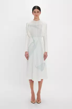 Long Sleeve Dolman Midi Dress In White-Blue Contorted Net