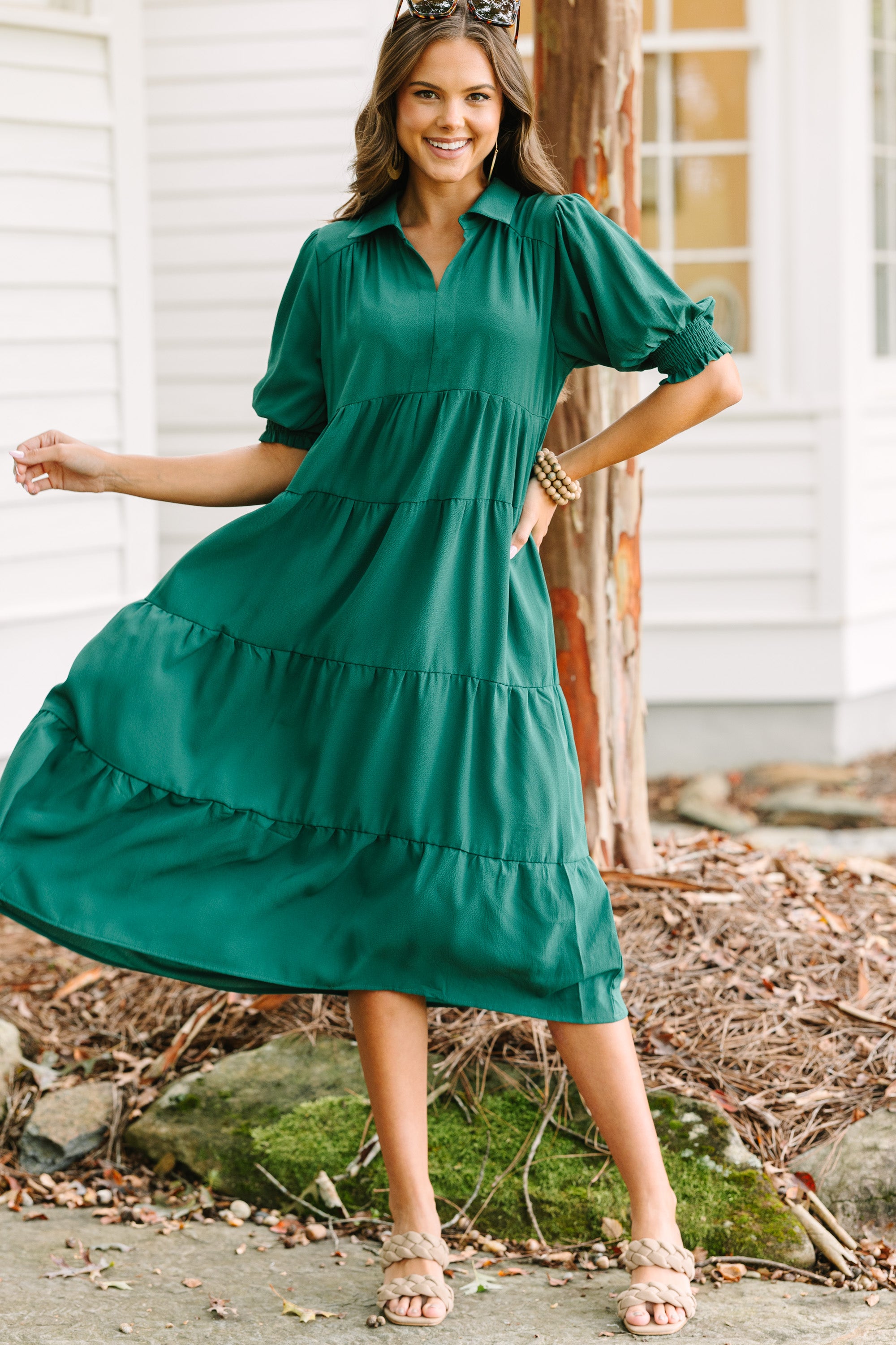 Looking For You Forest Green Tiered Midi Dress