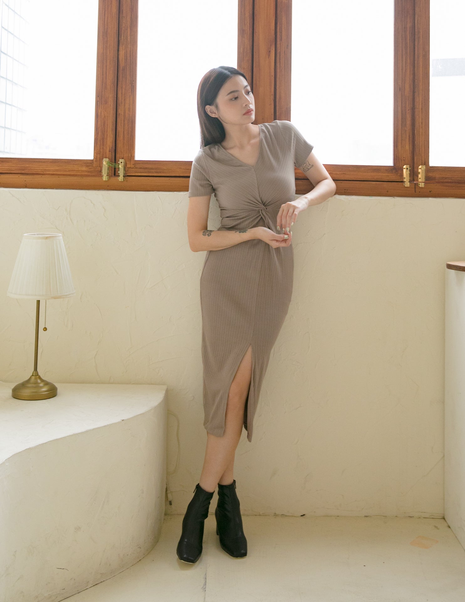 Mae Midi Dress in Taupe