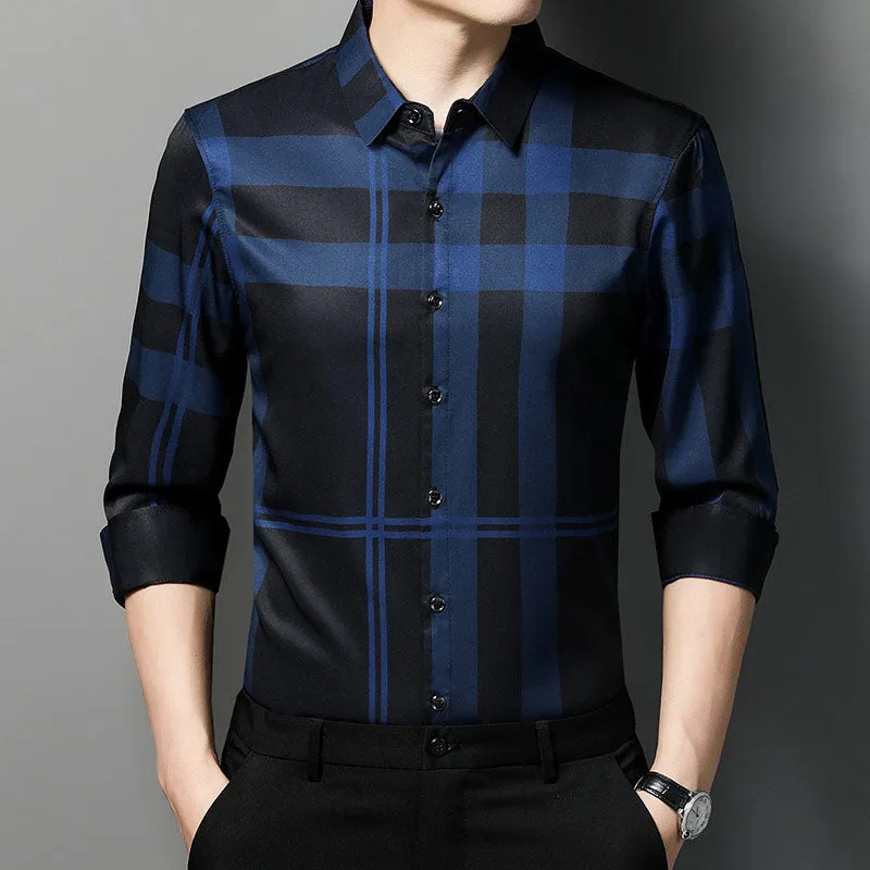 Men's Luxury Square Collar Striped Pattern Casual Style Long Sleeve Shirt