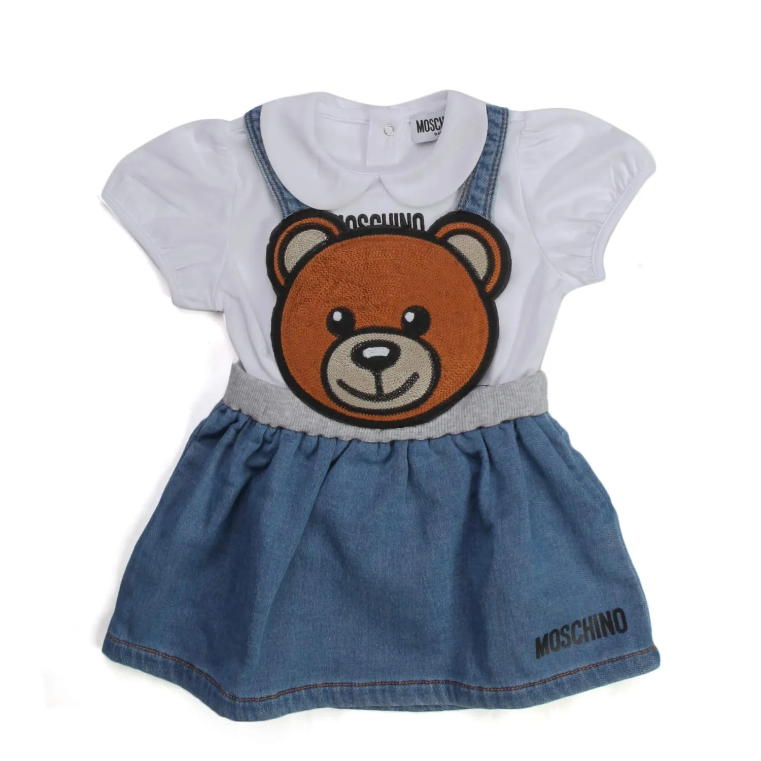 Moschino White And Blue Girl's Romper With Teddy Bear