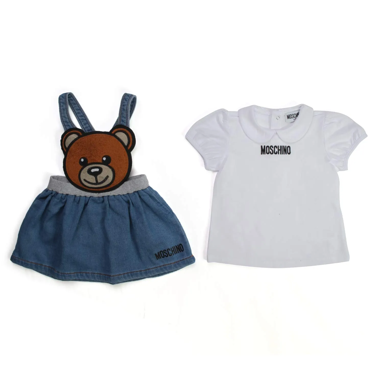 Moschino White And Blue Girl's Romper With Teddy Bear