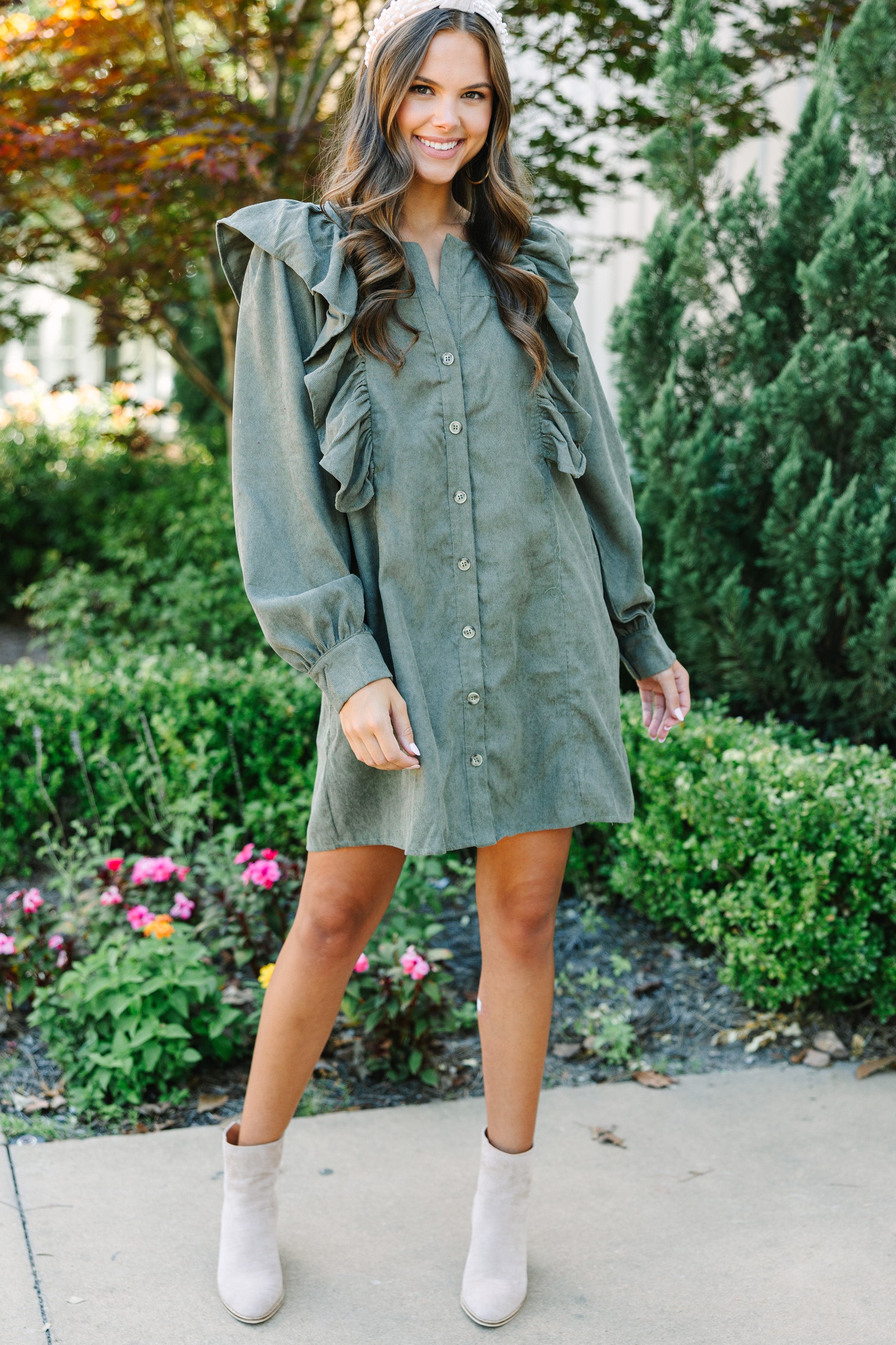 Never Too Late Olive Green Corduroy Dress