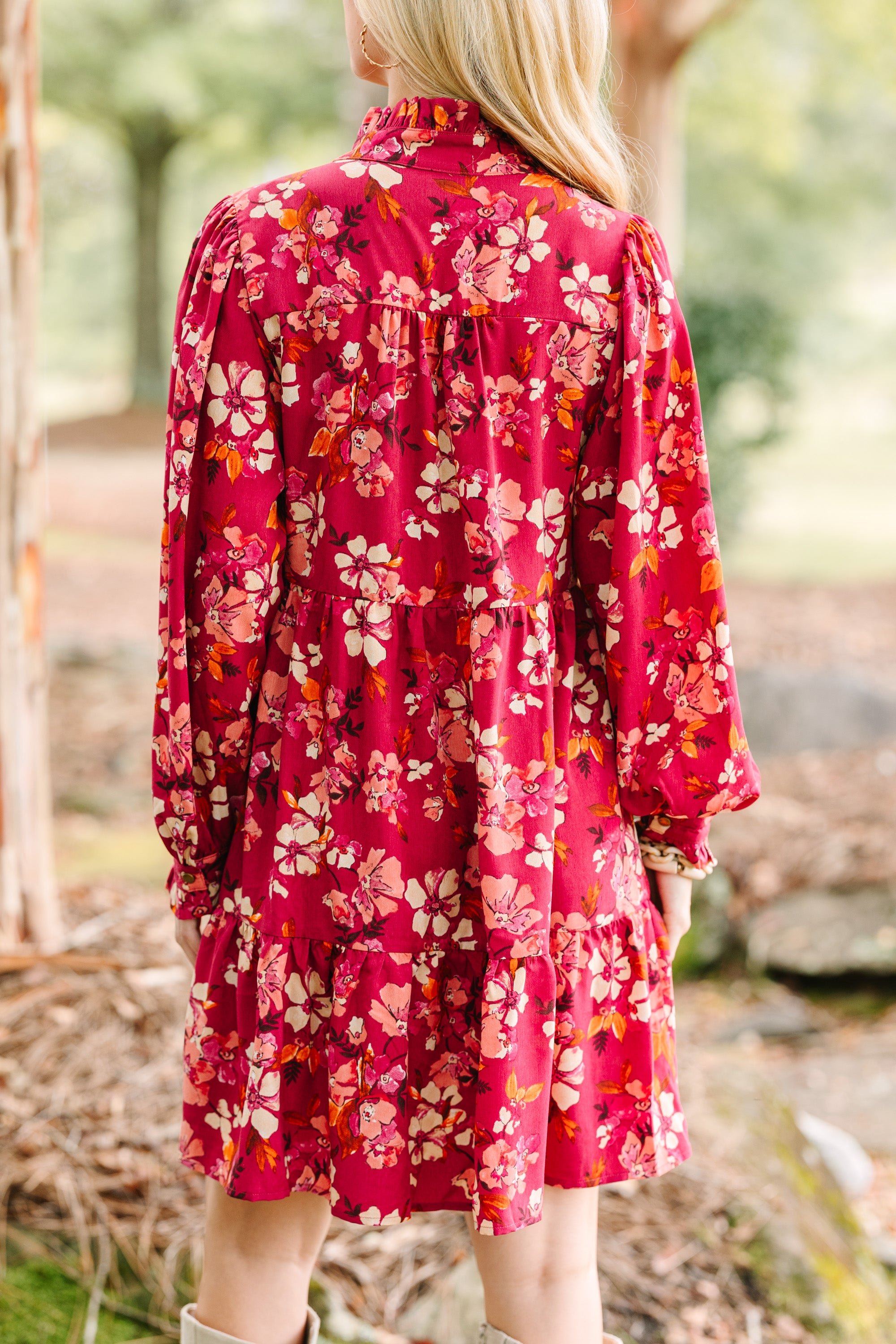 On The Right Track Burgundy Red Floral Babydoll Dress