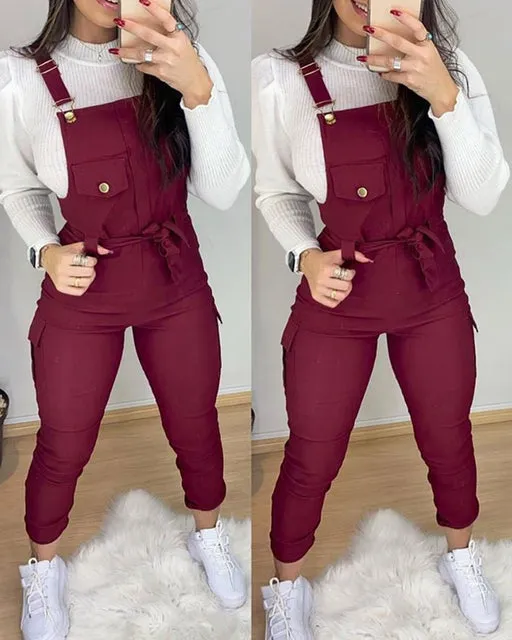 One-Piece Outfit Pocket Design Solid Suspender Jumpsuit