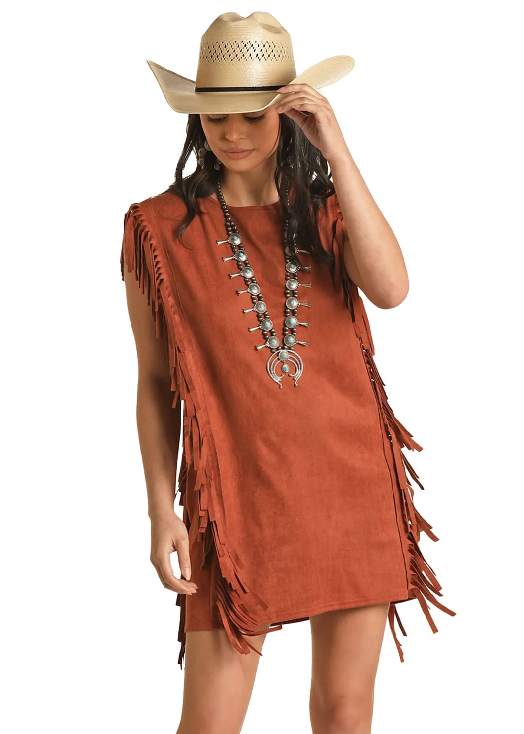 Panhandle Slim Womens Copper Fringe Microsuede Dress