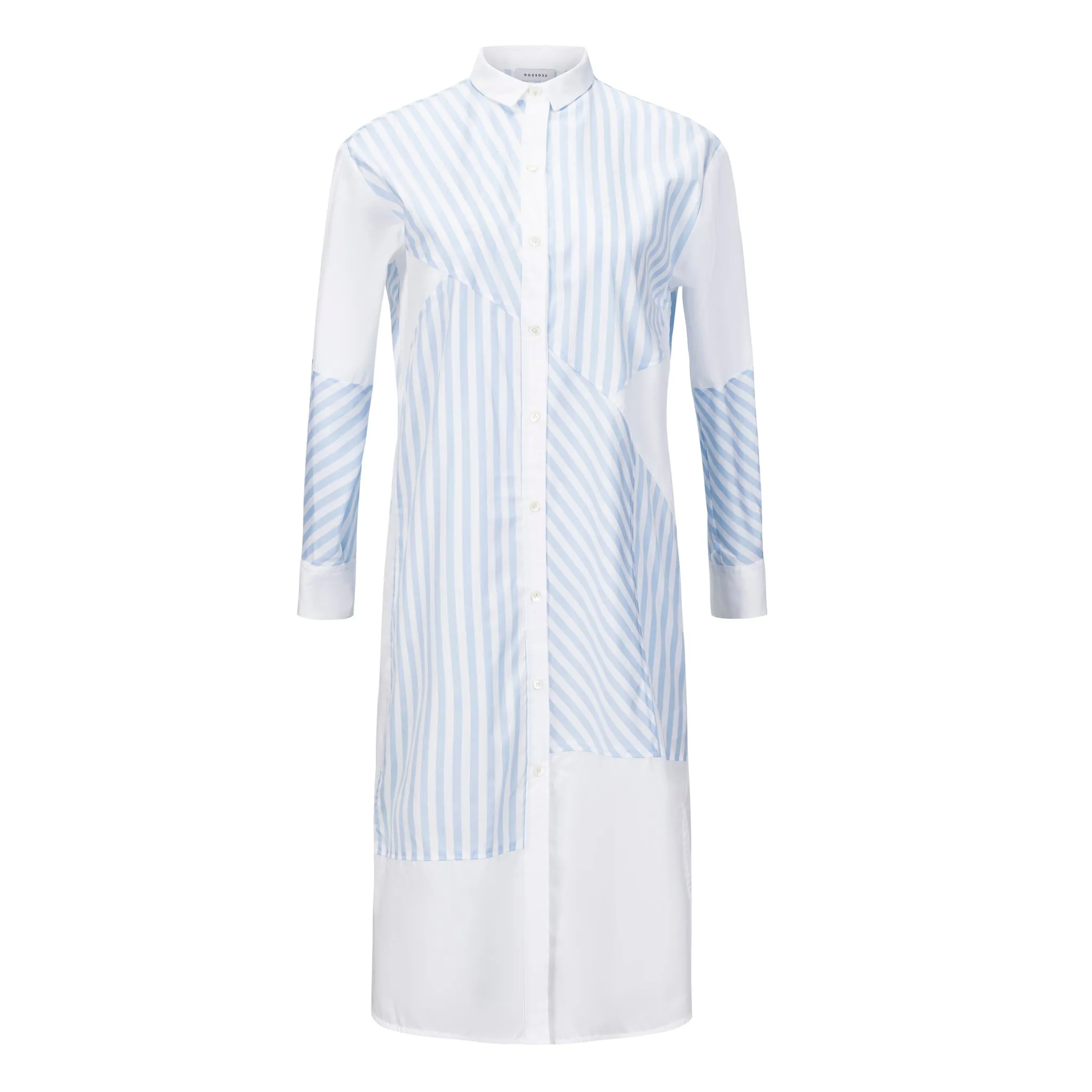 Patchwork Striped Shirt Dress - Light Blue + White