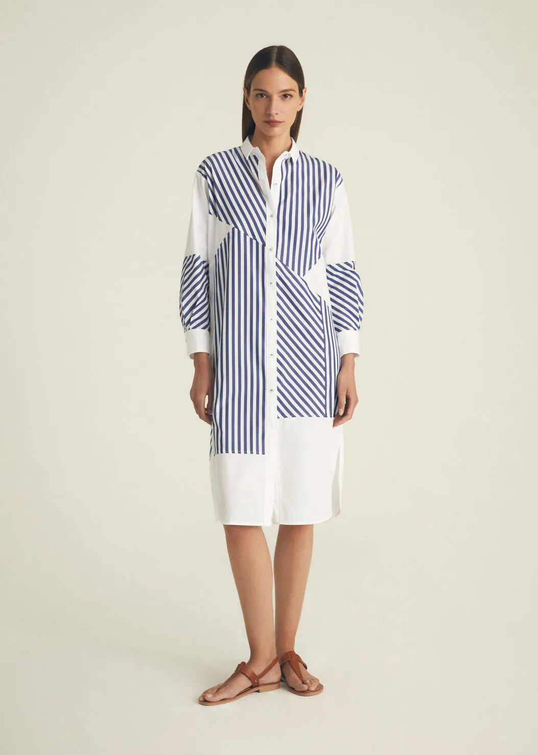 Patchwork Striped Shirt Dress - Light Blue + White