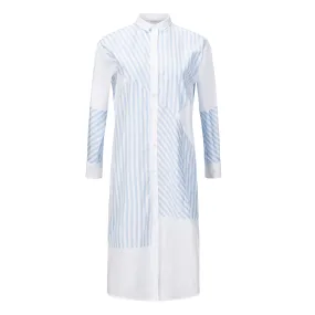 Patchwork Striped Shirt Dress - Light Blue + White