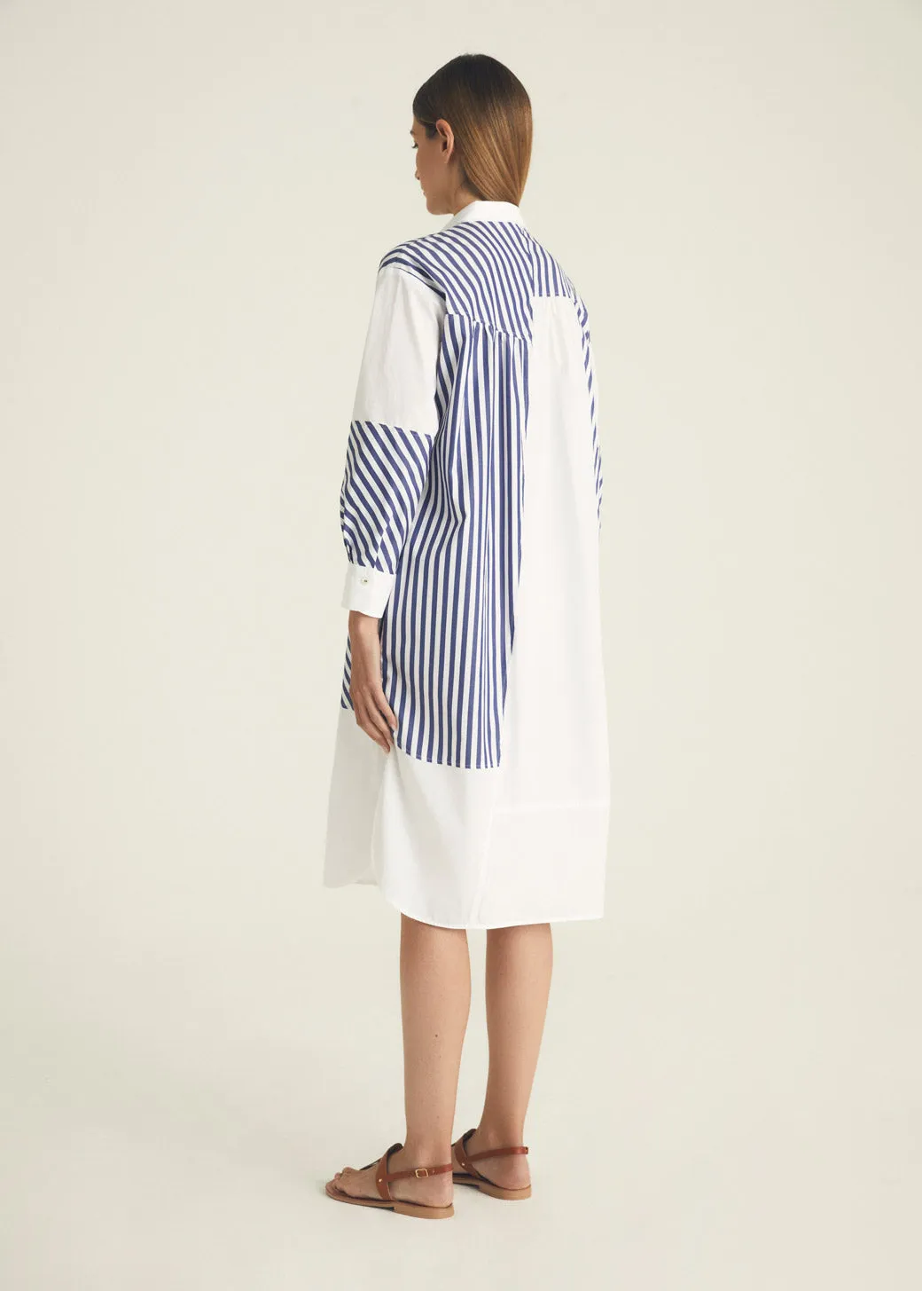 Patchwork Striped Shirt Dress - Light Blue + White