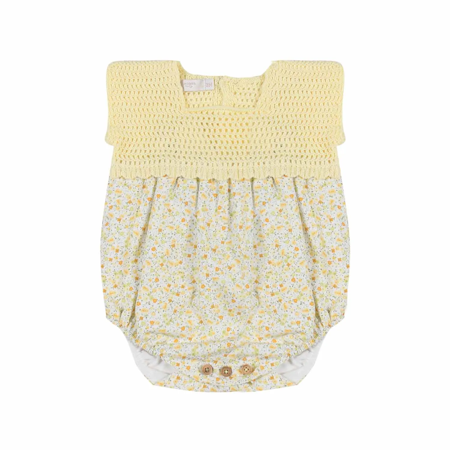 Pecesa Yellow Floral And Crochet Romper For Baby Girls