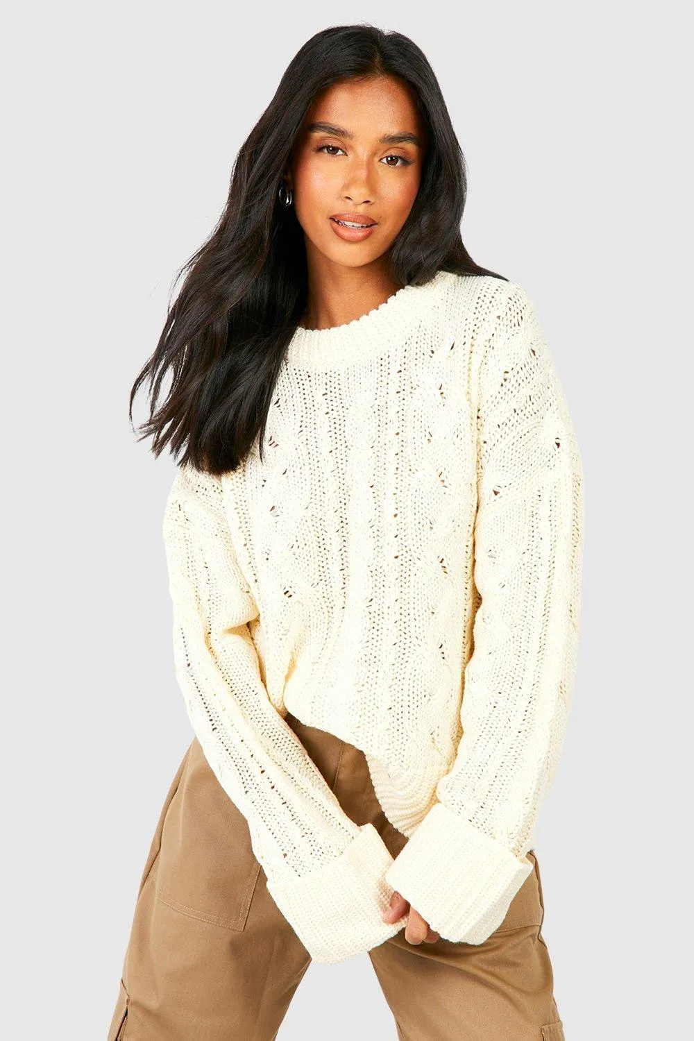 Petite Crew Neck Rib Cable Sweater