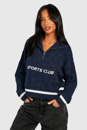 Petite Embroidered Cable Knit Cropped Half Zip Sweater