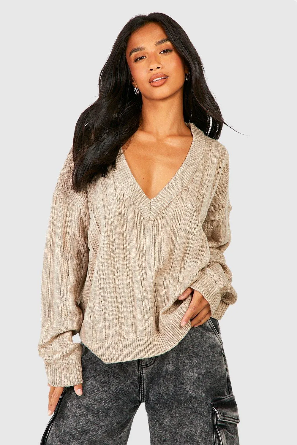 Petite Knitted Boxy V Neck Rib Sweater