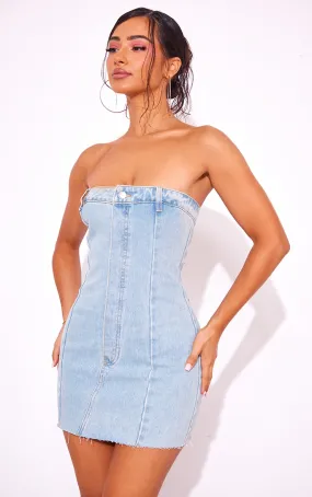 Petite Light Blue Wash Denim Bandeau Mini Dress