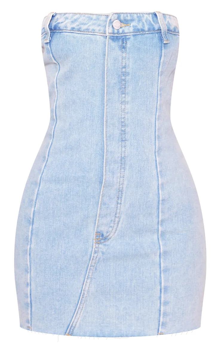 Petite Light Blue Wash Denim Bandeau Mini Dress