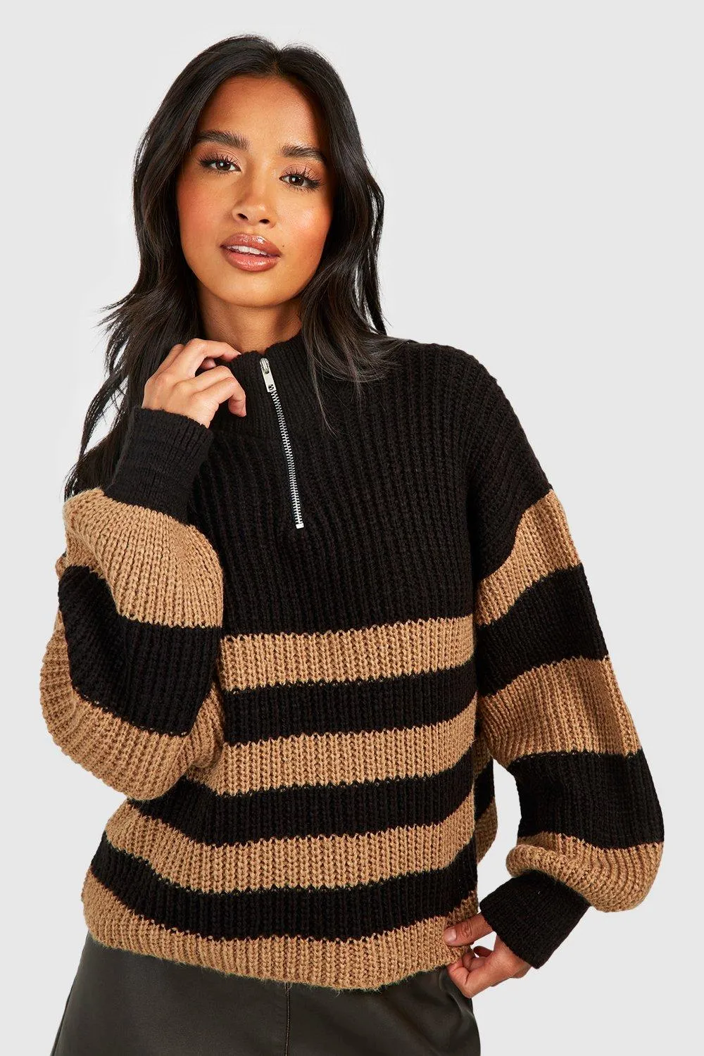 Petite Stripe Quarter Zip Sweater