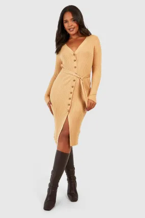 Plus Button Front Belted Sweater Dress