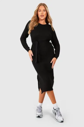 Plus Crew Neck Belted Knitted Sweater Dress