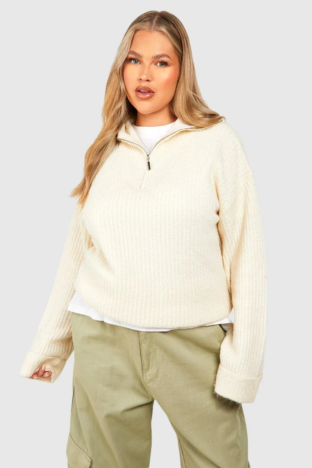 Plus Half Zip Funnel Neck Sweater