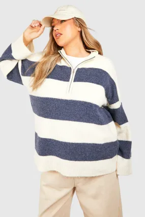 Plus Half Zip Soft Knit Stripe Sweater