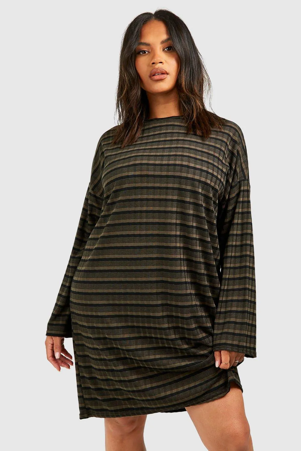 Plus Rib Knitted Stripe Crew Neck Slouchy Sweater Dress