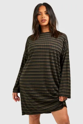 Plus Rib Knitted Stripe Crew Neck Slouchy Sweater Dress