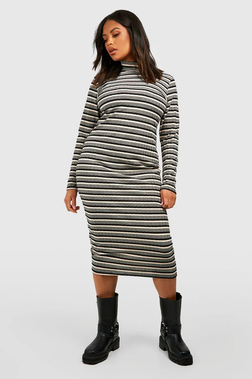 Plus Rib Knitted Stripe Crew Neck Sweater Dress