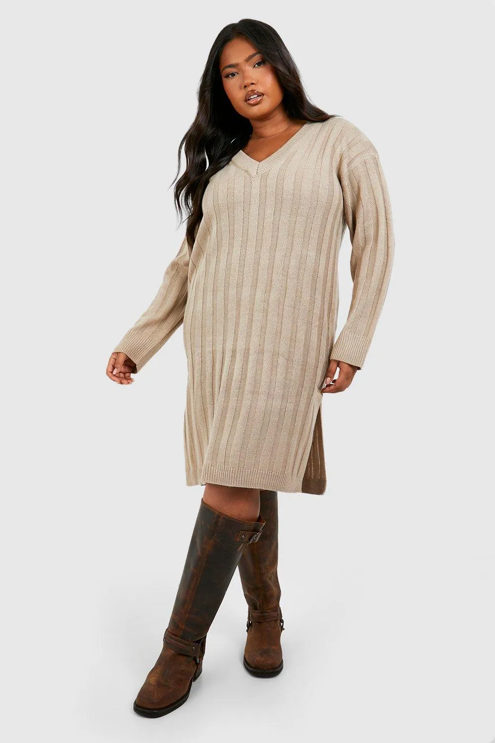 Plus V Neck Slouchy Sweater Dress 1