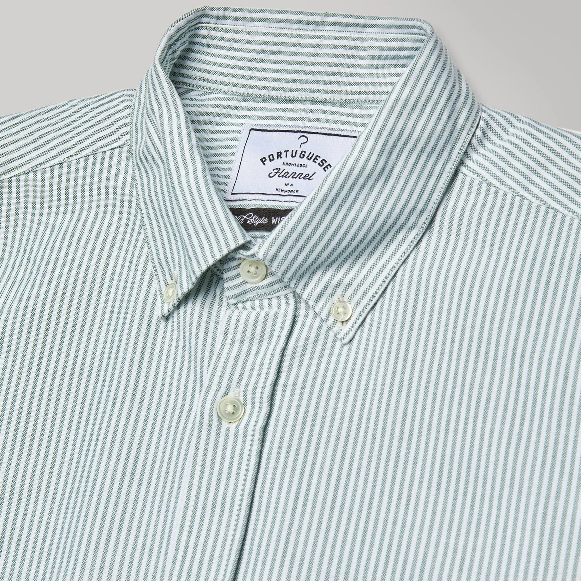 Portuguese Flannel - Belavista Green/White stripe Oxford