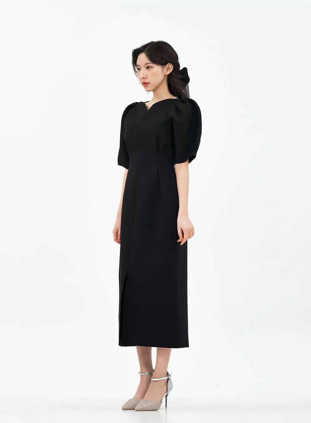 Puff Shoulder Wedding Party Midi Dress IA13