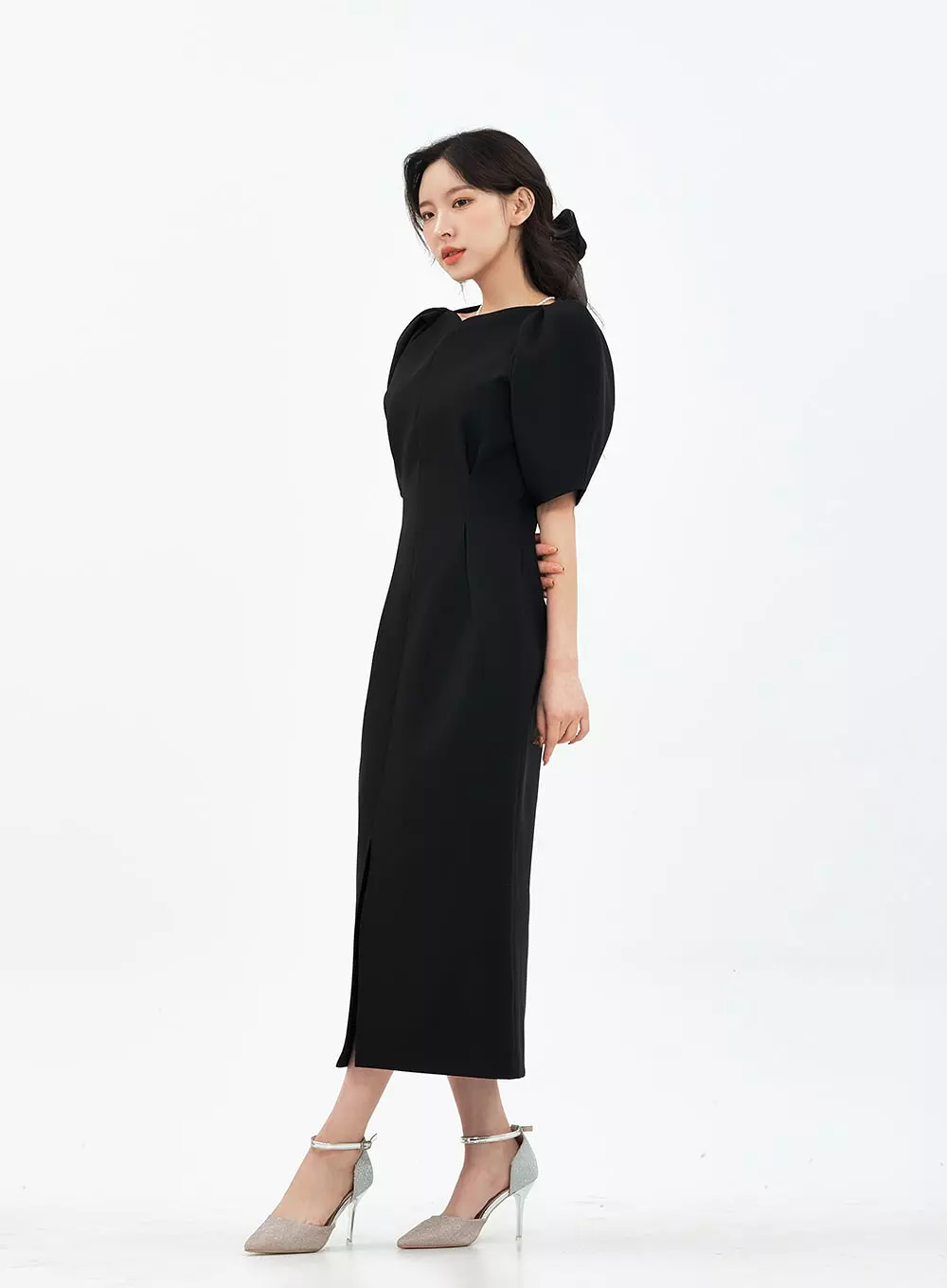 Puff Shoulder Wedding Party Midi Dress IA13