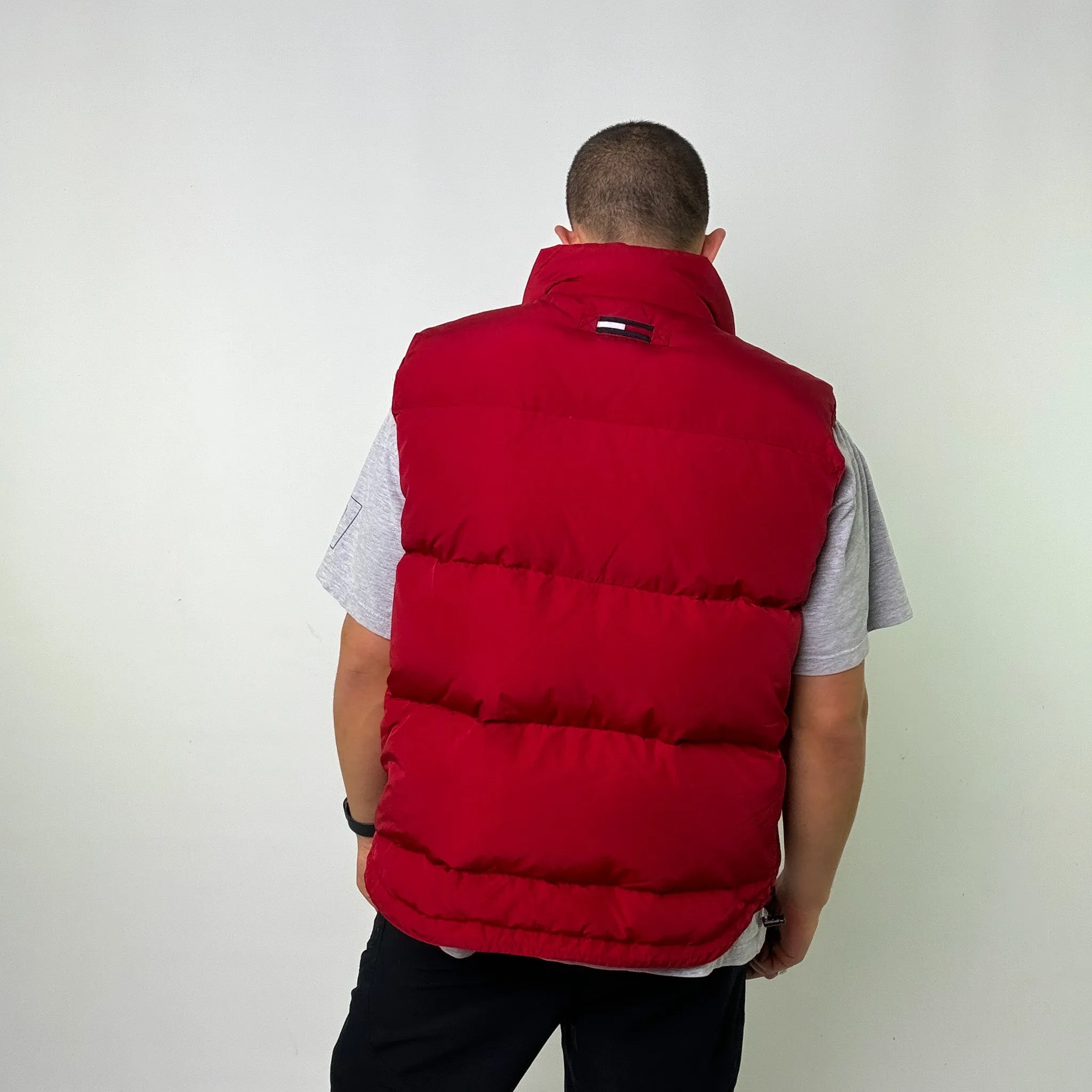 Red 90s Tommy Hilfiger Puffer Jacket Coat Gilet (XL)