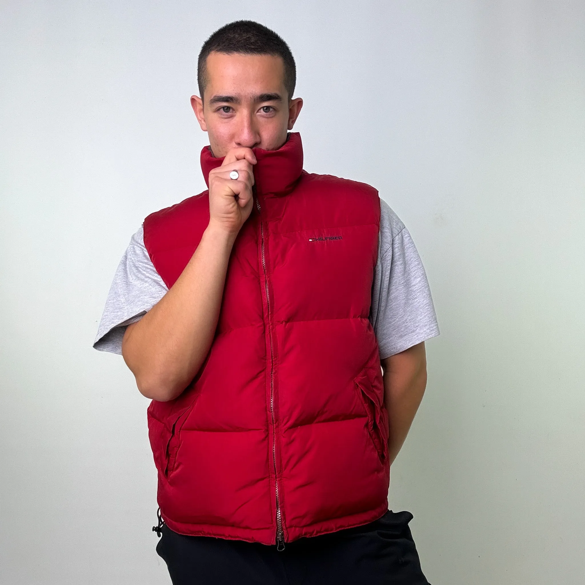 Red 90s Tommy Hilfiger Puffer Jacket Coat Gilet (XL)