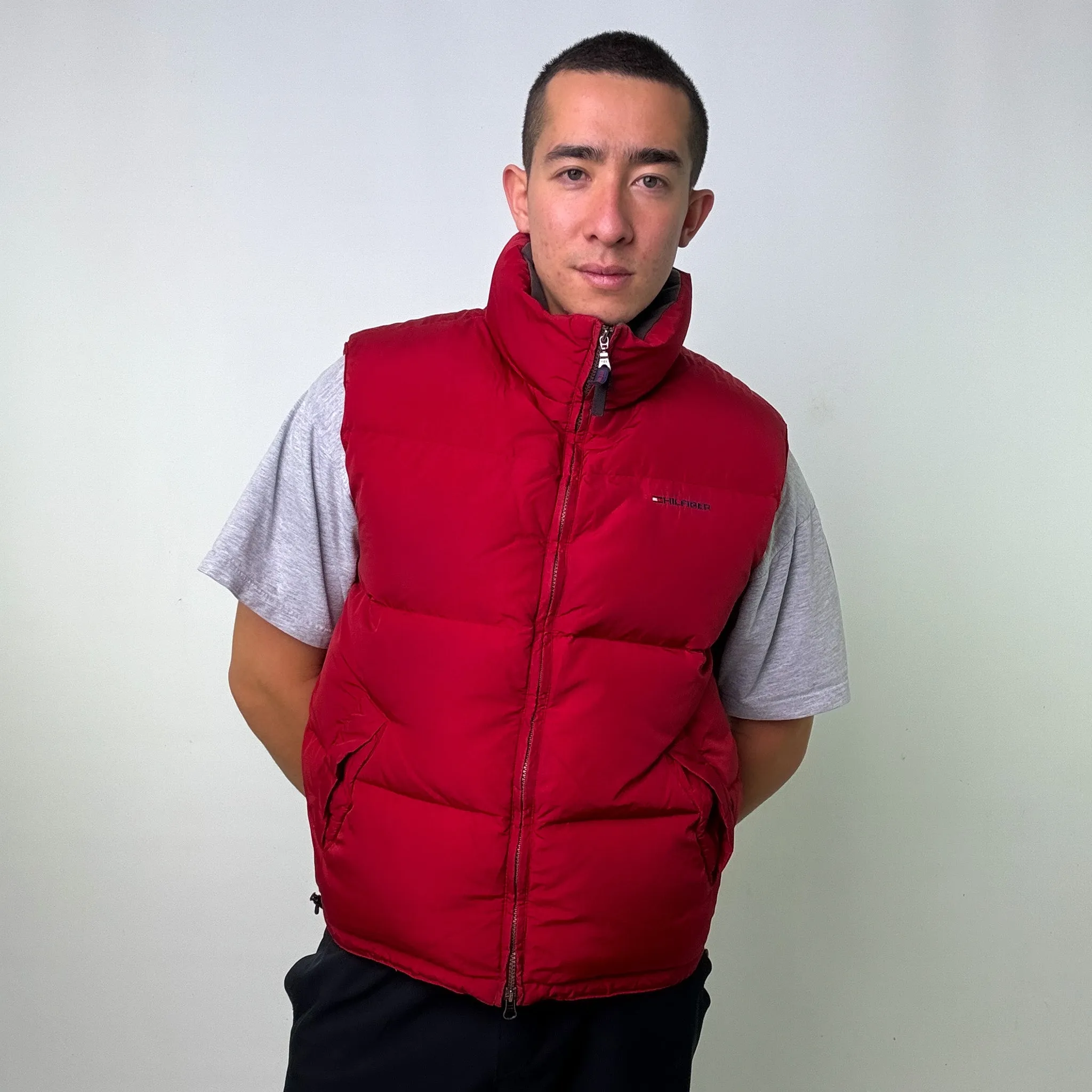 Red 90s Tommy Hilfiger Puffer Jacket Coat Gilet (XL)