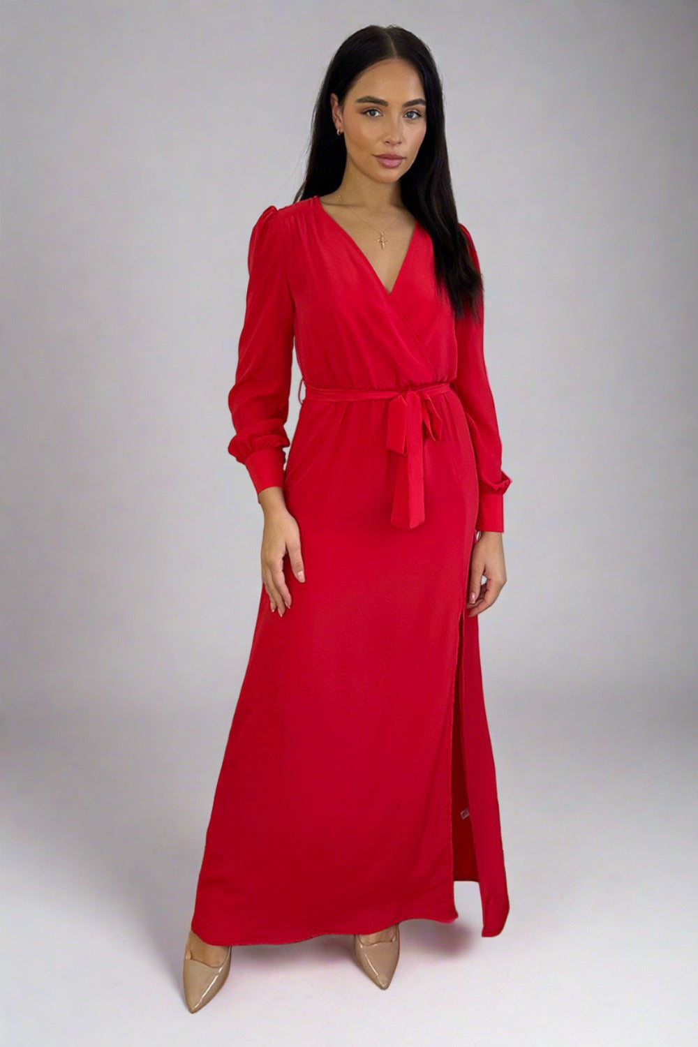 Red Chiffon Deep Plunge Neckline Maxi Dress