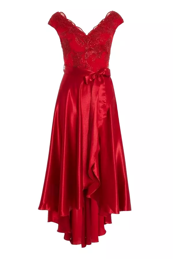 Red Satin Dip Hem Dress