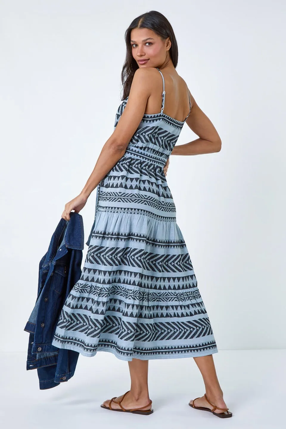 Roman Light Blue Aztec Cotton Tiered Midi Dress