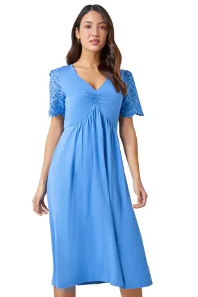 Roman Light Blue Cotton Broderie Sleeve Midi Dress