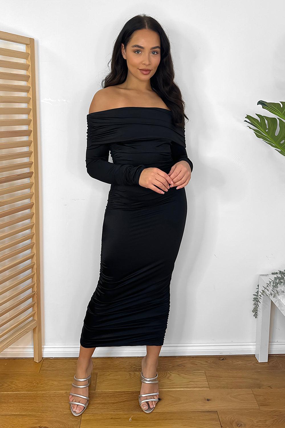 Ruched Satin Off Shoulder Maxi Dress