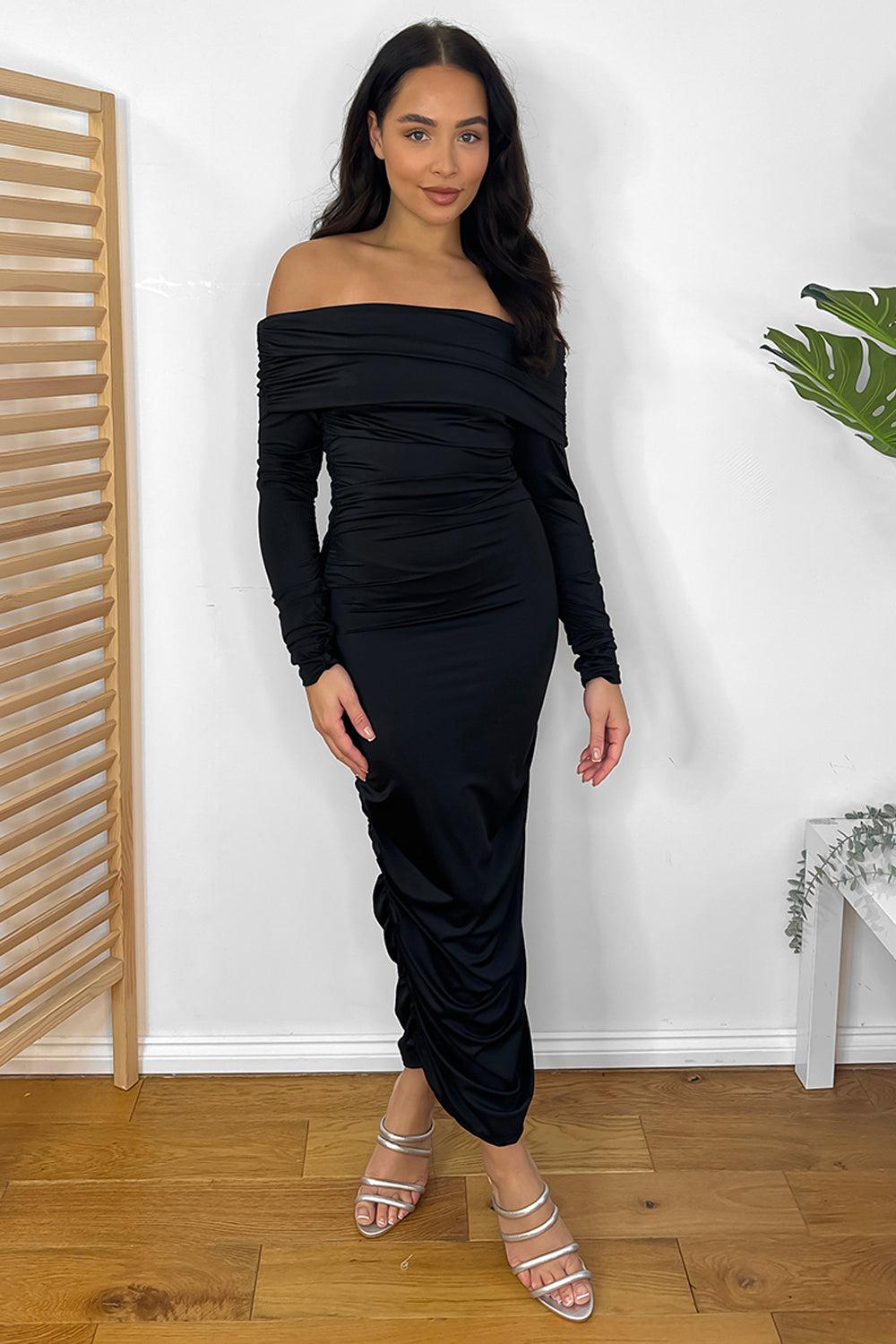 Ruched Satin Off Shoulder Maxi Dress