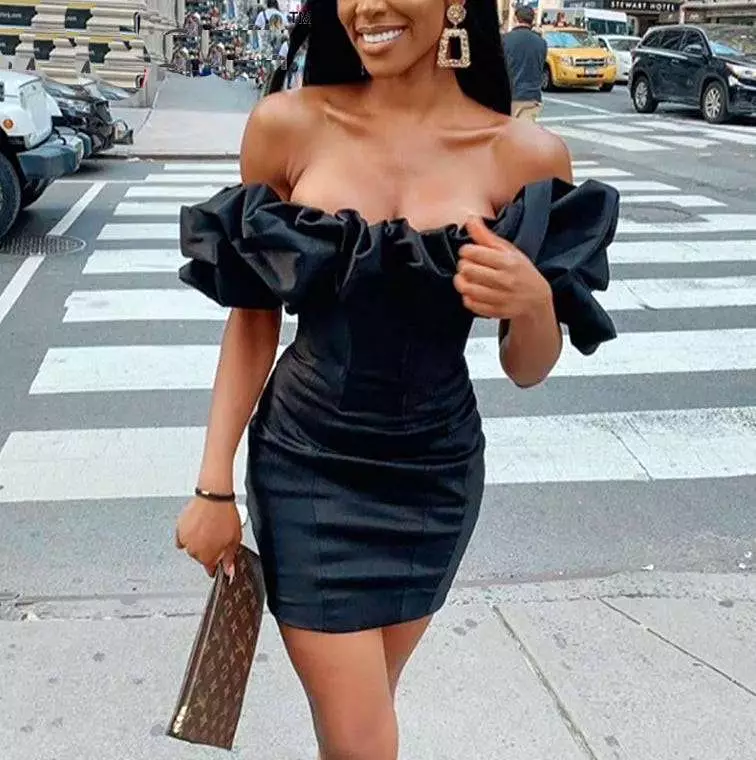 Ruffle Neck Off The Shoulder Bodycon Mini Dress