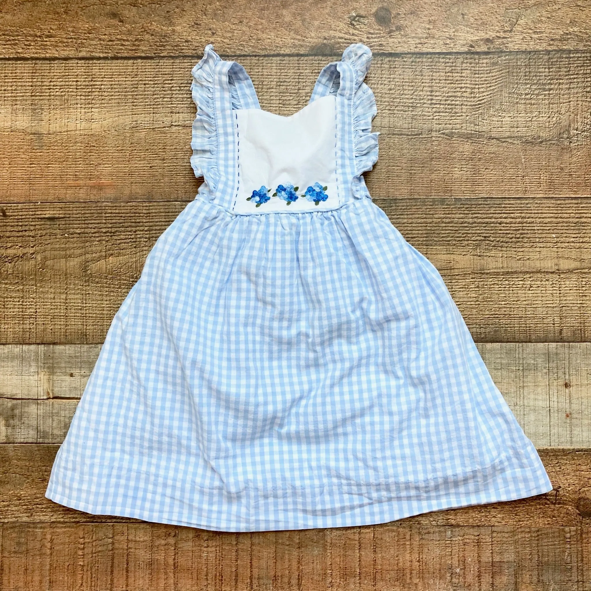 Ruth and Ralph Light Blue Checkered Embroidered Flowers with Ruffle Criss Cross Straps and Back Bow Dress- Size 4T (see notes)