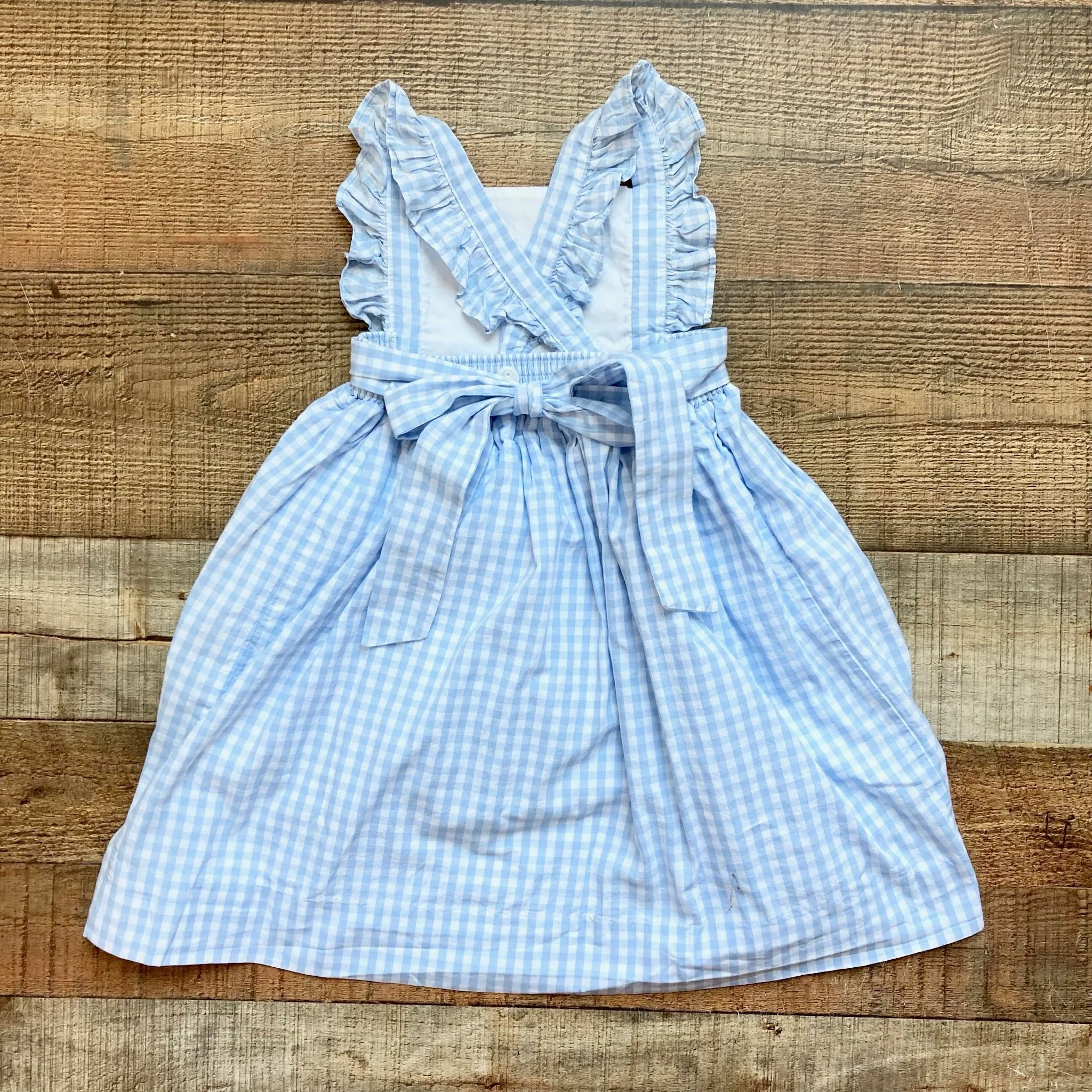 Ruth and Ralph Light Blue Checkered Embroidered Flowers with Ruffle Criss Cross Straps and Back Bow Dress- Size 4T (see notes)