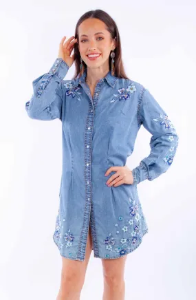 Scully Womens Floral Button Light Blue 100% Cotton L/S Dress