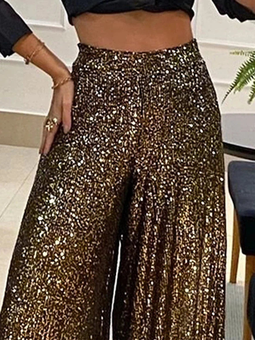 Sequin Wide Leg Pants for Women in Dark Brown and Black Sizes S-M