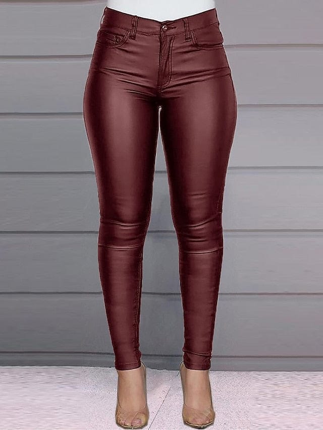 Skinny Leather Pants with High Waist and Side Pockets