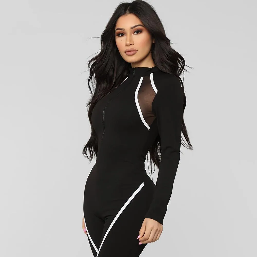 Sporty Zipper Turtleneck Jumpsuits Women Full Sleeve Striped Rompers