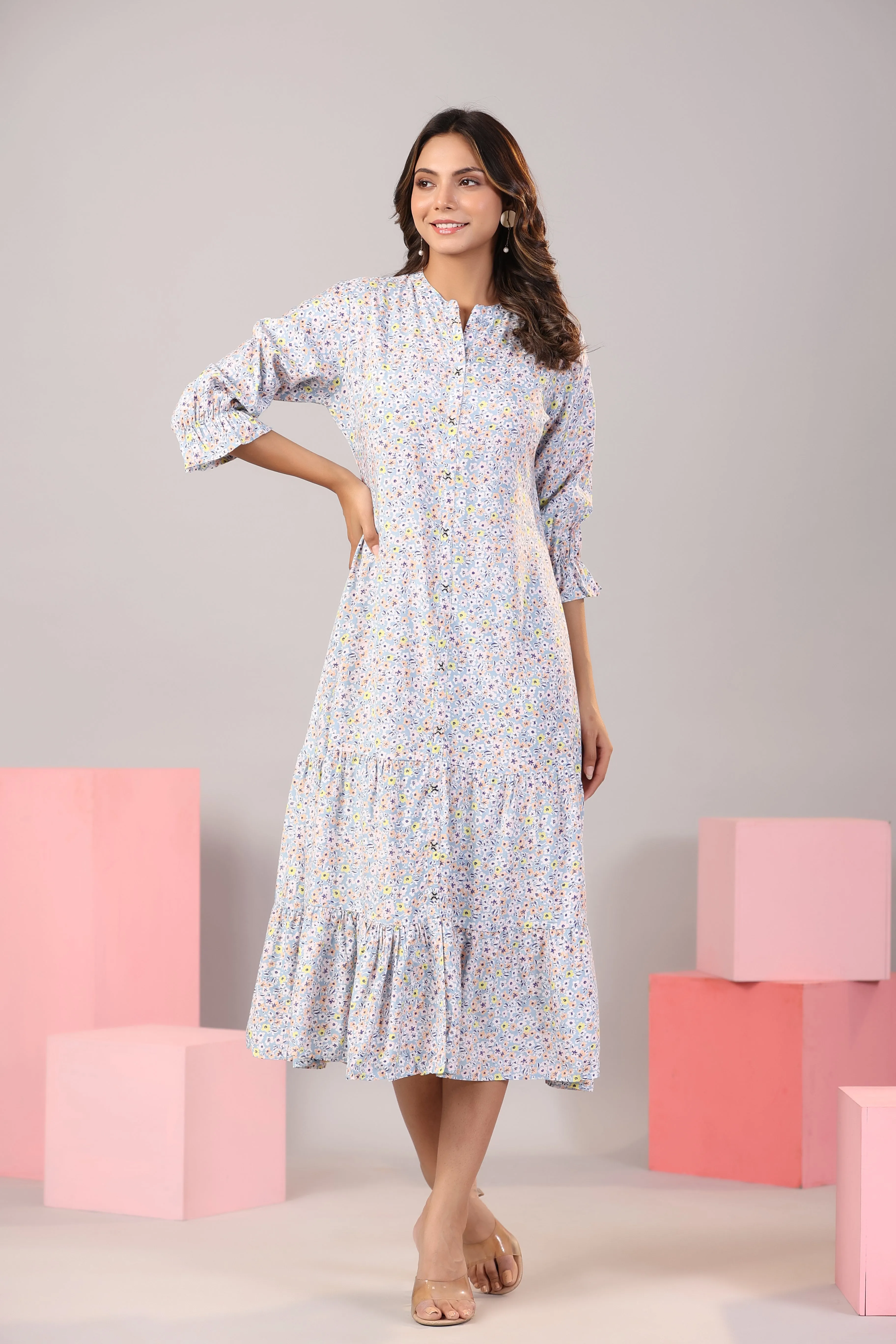 Sunflower valley on Cotton Light Blue MIDI dress